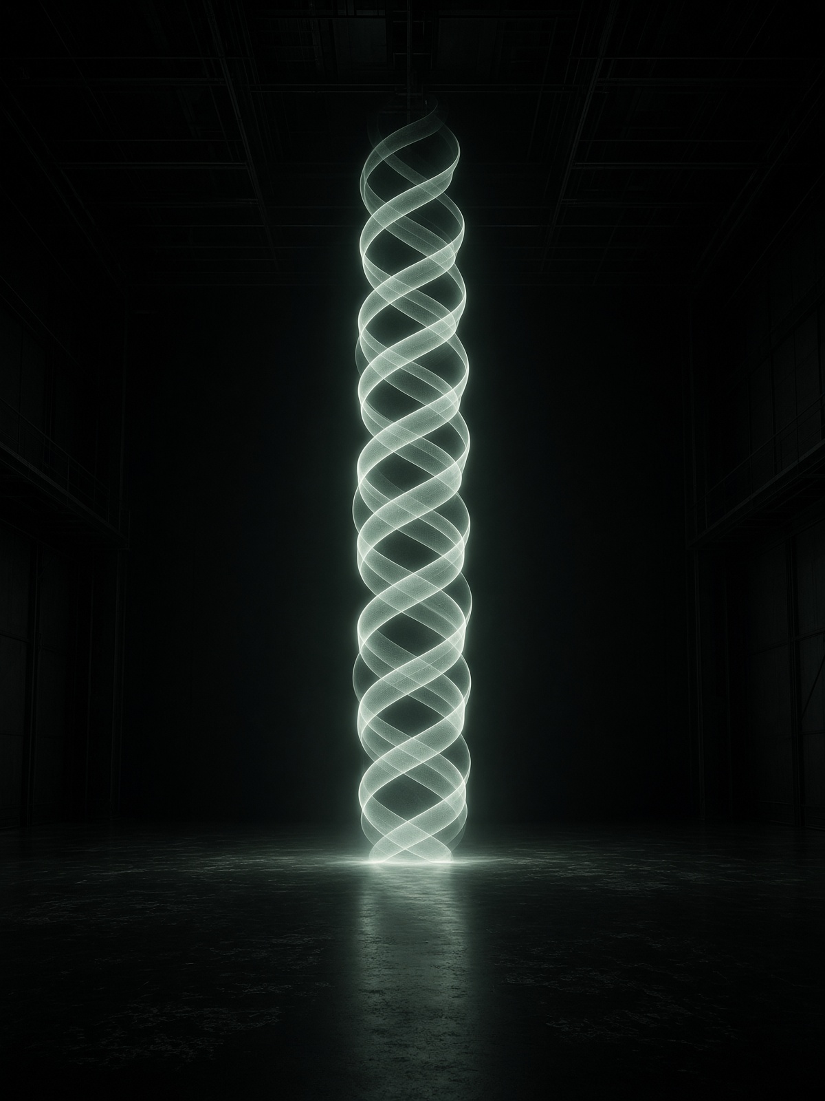 A towering column of helical light on a dark soundstage