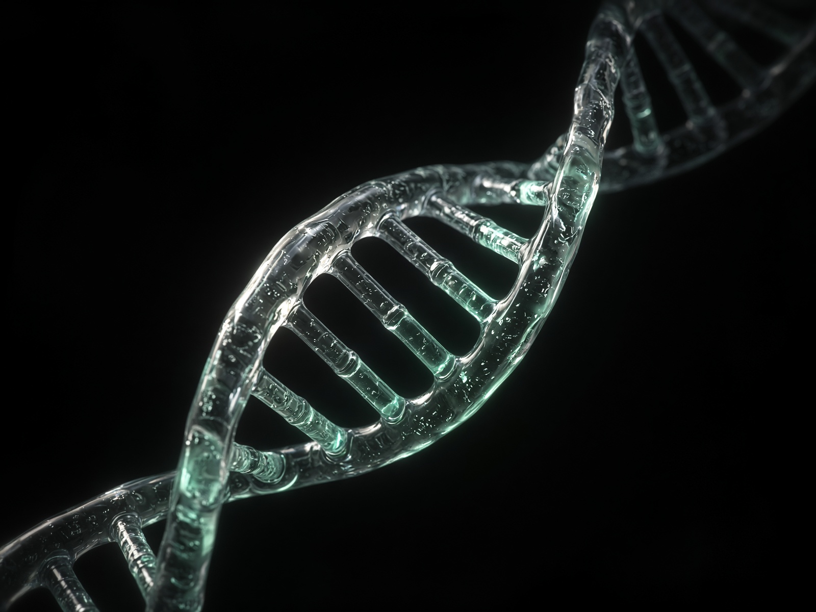 Macro of a translucent DNA ladder catching silver light
